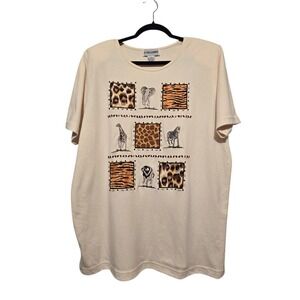 Vtg Womens Safari Animal T-Shirt Plus 1X Beads Lion Giraffe Zebra Elephant Artsy